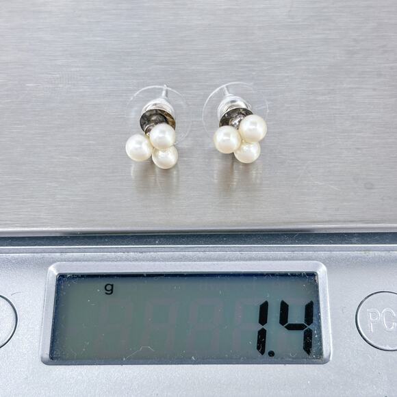 Estate Sterling Silver 925 Triplet Pearl Stud Earrings - Picture 8 of 9